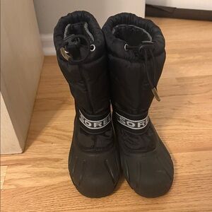 Sorel Black Kids Winter Boots with Gray Rubber Toe